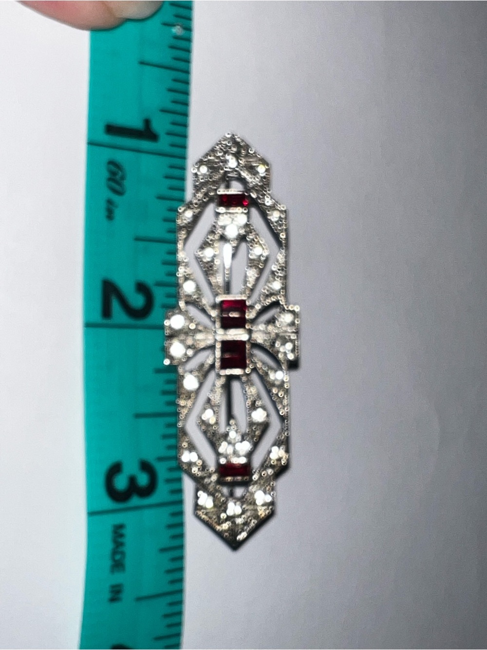 Stunning Vintage Silver-Tone Art Deco Brooch with Red Accents